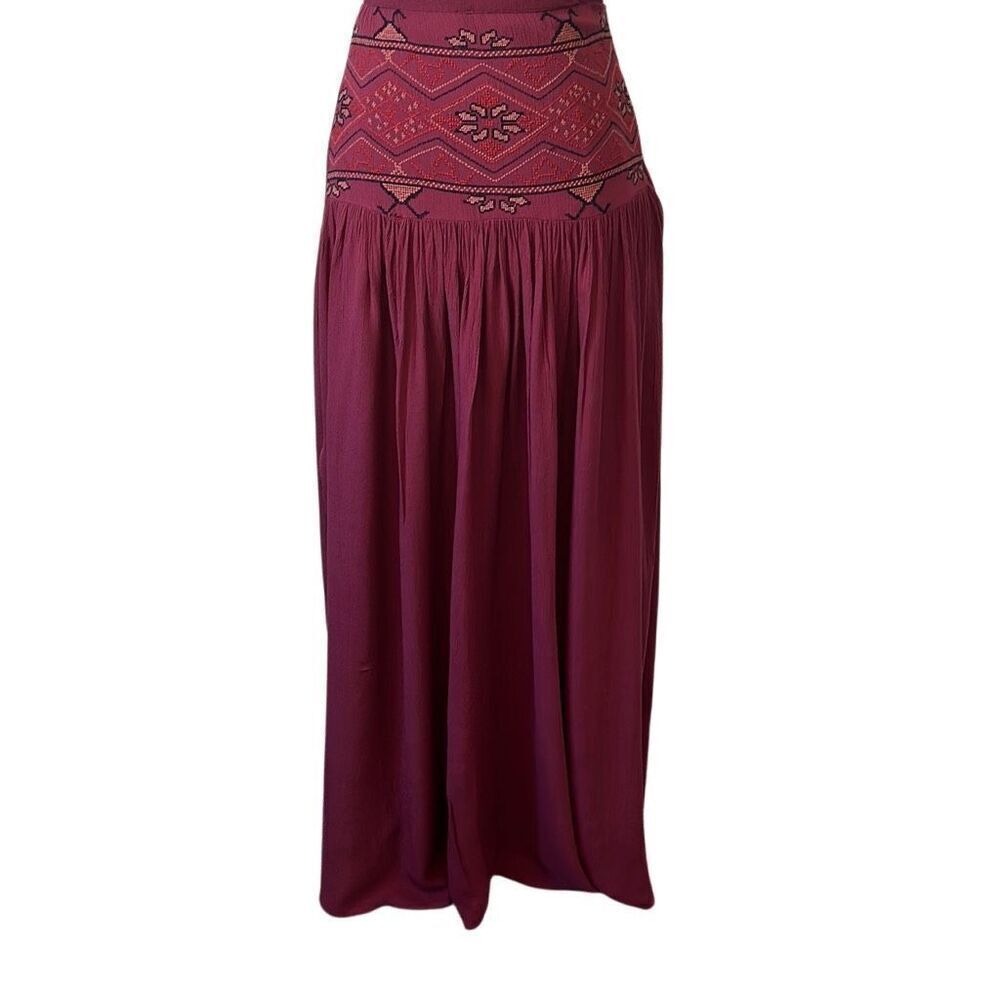 Japana Burgundy Long Maxi Embroidered Side Zip Skirt S